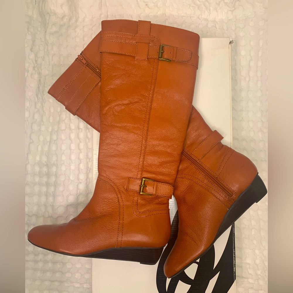 Nine West tall cognac brown Leather Wedge Boot